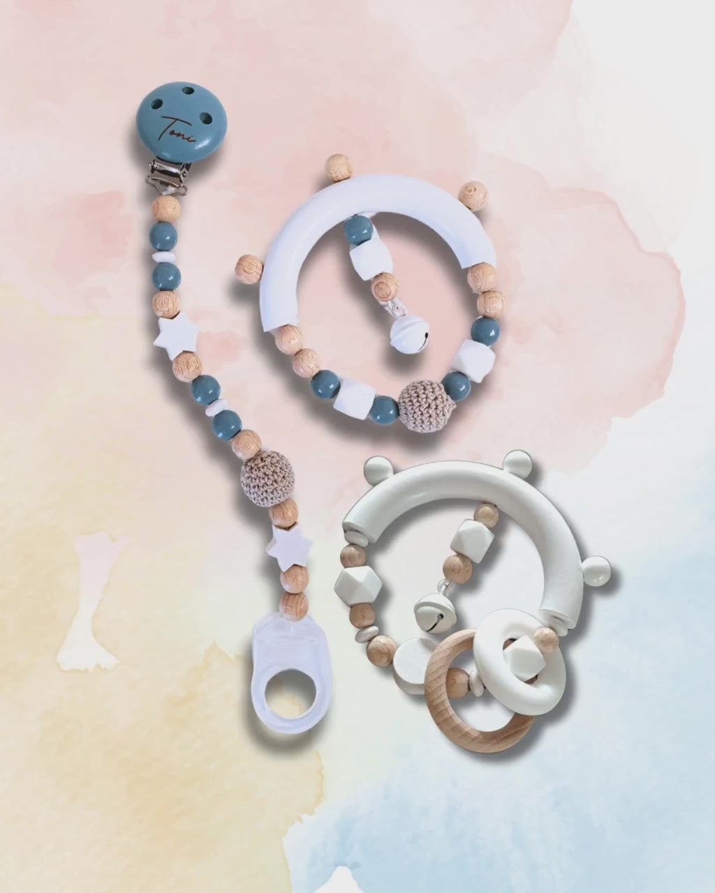 Schnullerketten-Set inkl. Greifling | personalisierbar mit Namen, Häkelperlen, Sterne, Herzen, zur Geburt, Babyparty, Taufe, Geburtsgeschenk
