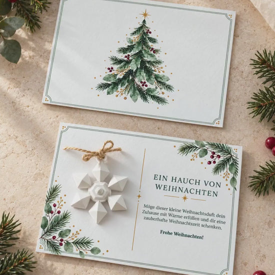 Personalisierte Weihnachtskarte mit Duftstein Schneeflocke | Duftende Grußkarte mit Namen & grünem Umschlag | Geschenk zu Weihnachten