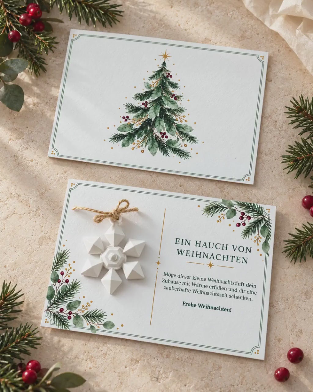 Personalisierte Weihnachtskarte mit Duftstein Schneeflocke | Duftende Grußkarte mit Namen & grünem Umschlag | Geschenk zu Weihnachten