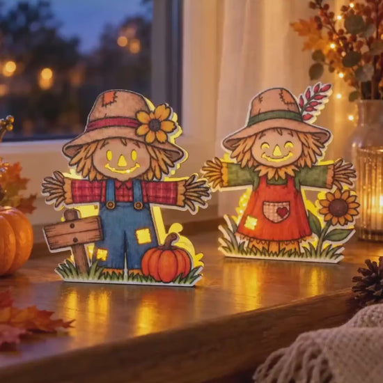 Vogelscheuchen-Teelichthalter aus Holz – LED-Herbstdeko mit Kürbis und Sonnenblume | handgemacht aus bedrucktem Pappelsperrholz | Halloween