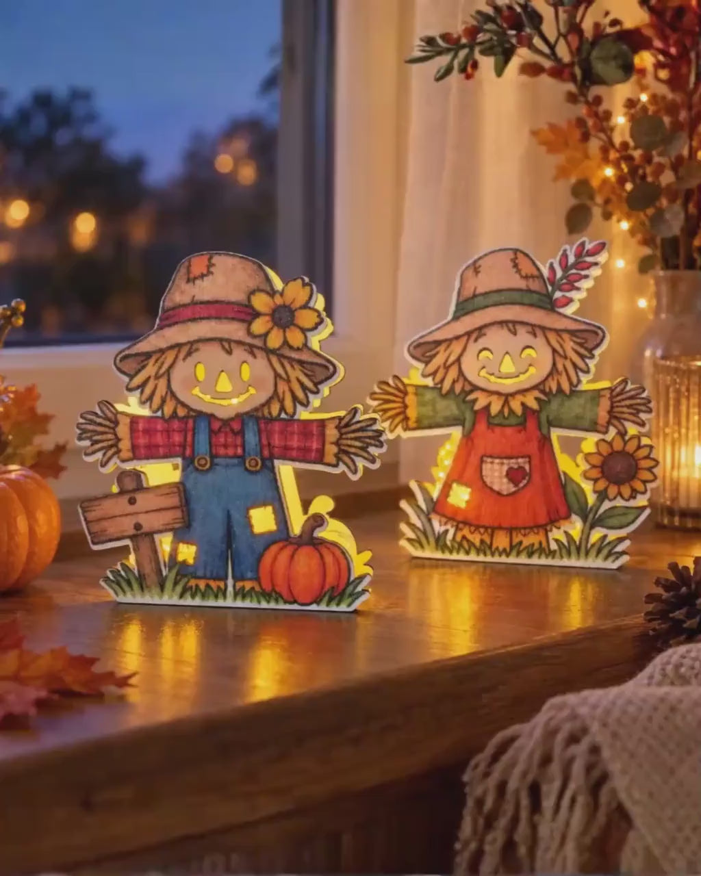 Vogelscheuchen-Teelichthalter aus Holz – LED-Herbstdeko mit Kürbis und Sonnenblume | handgemacht aus bedrucktem Pappelsperrholz | Halloween