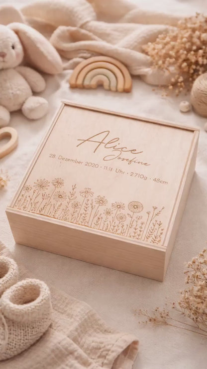 Memory-Box I Erinnerungskiste I Personalisierbar I Wunschmotiv I Name I Baby I Hochzeit I Taufe I Holzkiste Mit Schiebedeckel I Babyshower