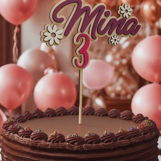 Caketopper / Schriftzug personalisiert mit Namen und Motiv, Blumen, Alter, Zahl, Holz, für Geburtstag oder Jubiläum, personalisierbar